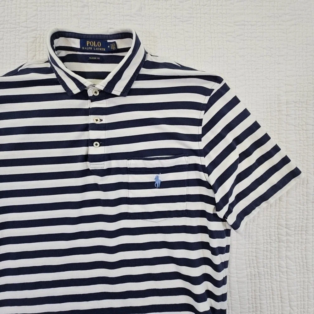 Polo Ralph Lauren Navy Blue Stripe Polo Shirt Men's M Medium Short Sleeve EUC LN